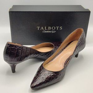 Talbots Brown Leather Croc Embossed Pointed Toe Kitten Heel Size 7.5B